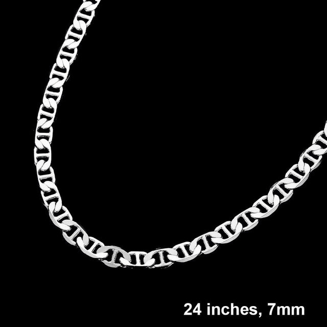 Rhodium Silver Plated 24 Inch 7mm Mariner Metal Chain Necklace
