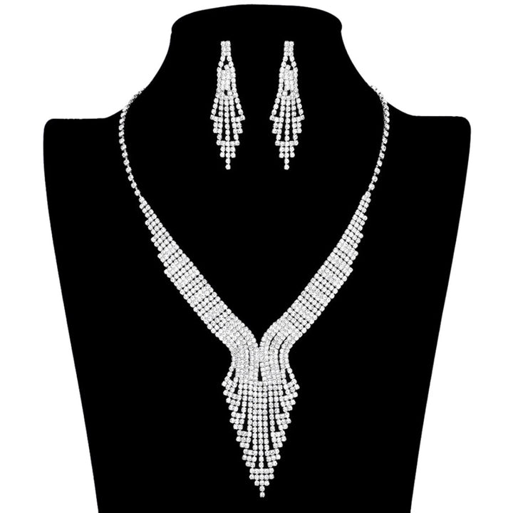 silver Rhinestone Pave Necklace Earring Set will be sure to add an air of timeless elegance, wear it with your favorite evening attire for an unbeatable combo of glitz and glamour. Perfect Birthday Gift, Christmas Gift, Anniversary Gift, Prom, Valentine's Day Gift, Regalo Cumpleanos, Aniversario, Regalo Navidad