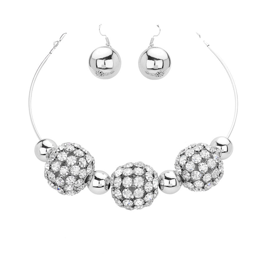 Exquisite Clear Stone Cluster Silver Triple Ball Accented Choker Necklace Earring Set. Its dazzling design features three intricate ball accents embedded in a cluster of glimmering stones for a shimmering statement piece. Perfect for Weddings, Birthday Gift, Anniversary, Christmas Gift, Regalos de: Cumpleanos, Navidad, Anniversario