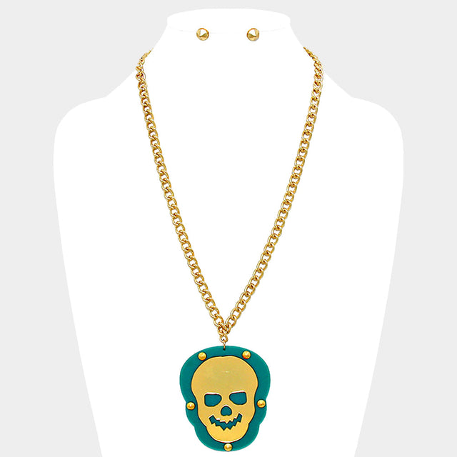 Green Skull rivet plate pendant necklace