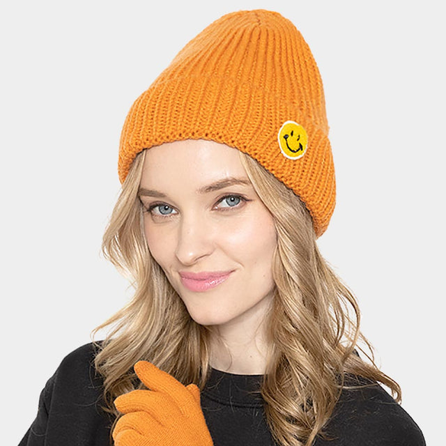 Orange SMILE Patch Pointed Ribbed Knit Beanie Hat