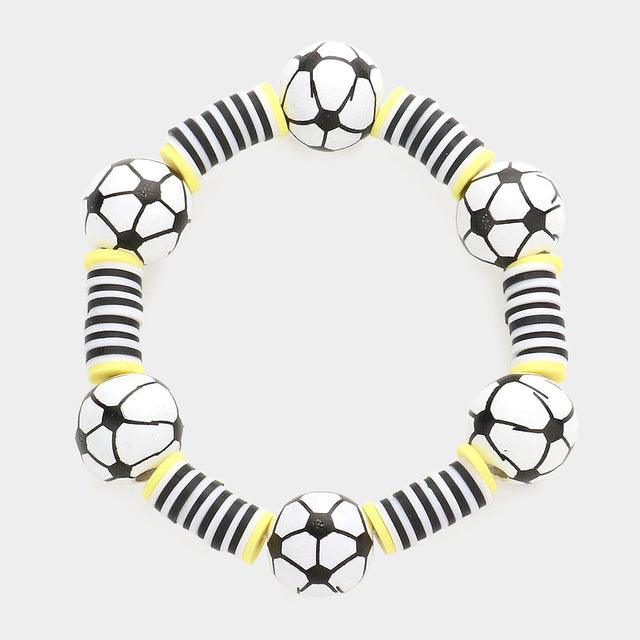White Soccer Accented Heishi Beaded Stretch Bracelet