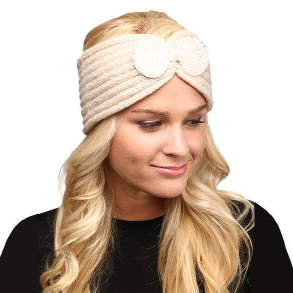 Beige Soft Knit Accented Plush Bow Detailed Warm Winter Headband Ear Warmer, soft & fuzzy ear warmer headband will shield your ears from wintry cold weather ensures all day comfort, shimmery headband creates trendy look, toasty & fashionable. Perfect Gift Birthday, Holiday, Christmas, Stocking Stuffer, Anniversary, Loved One