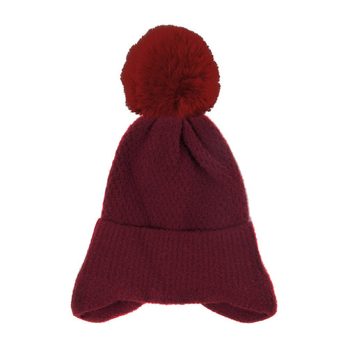 Soft Solid Earflap Knit Pom Pom Beanie Hat - Burgundy