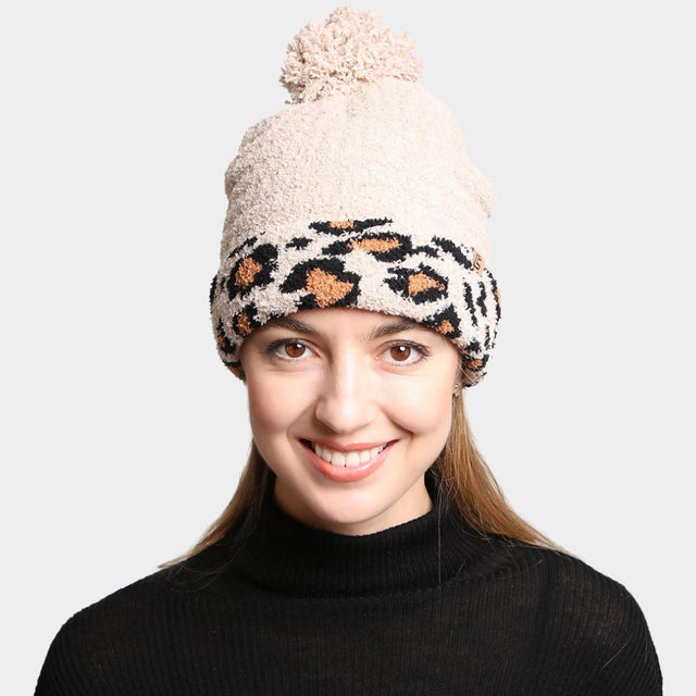 Beige Solid Color Linked Leopard Accented Pom-Pom Beanie
