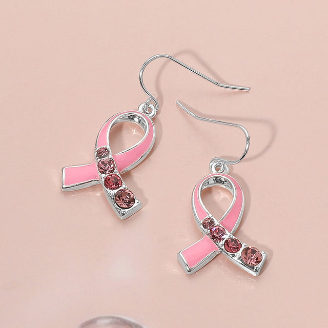 Antique Silver, Pink Stone Accent Enamel Pink Ribbon Dangle Earrings