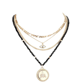 Black Stone Embellished Evil Eye Pendant Multi Layered Bib Necklace. Beautifully crafted design adds a gorgeous glow to any outfit. Jewelry that fits your lifestyle! Perfect Birthday Gift, Anniversary Gift, Mother's Day Gift, Anniversary Gift, Graduation Gift, Prom Jewelry, Just Because Gift, Thank you Gift.