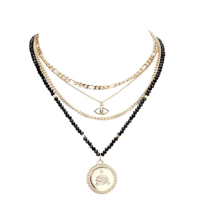 Black Stone Embellished Evil Eye Pendant Multi Layered Bib Necklace. Beautifully crafted design adds a gorgeous glow to any outfit. Jewelry that fits your lifestyle! Perfect Birthday Gift, Anniversary Gift, Mother's Day Gift, Anniversary Gift, Graduation Gift, Prom Jewelry, Just Because Gift, Thank you Gift.