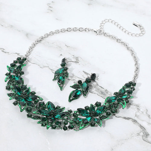 Collar de noche con flores adornadas con piedras - Verde, Plata