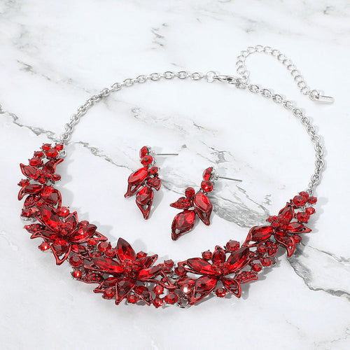 Collar de noche con flores adornadas con piedras - Rojo, Plata