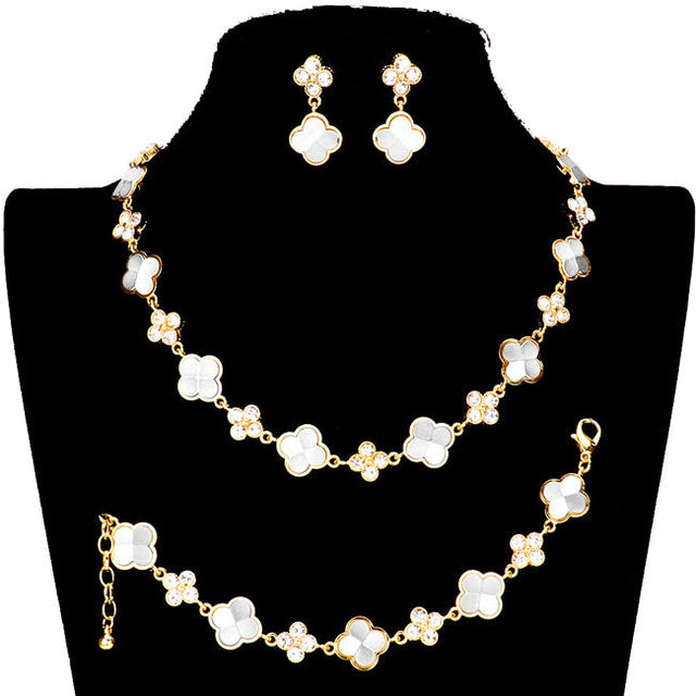 Two Tone Stone Embellished Quatrefoil Link Necklace Jewelry Set, Beautifully crafted design adds a gorgeous glow to any outfit. Get ready Necklace with a bright Bracelet. Perfect for adding just the right amount of shimmer & shine and a touch of class to special events. Perfect Birthday Gift, Anniversary Gift, etc.
