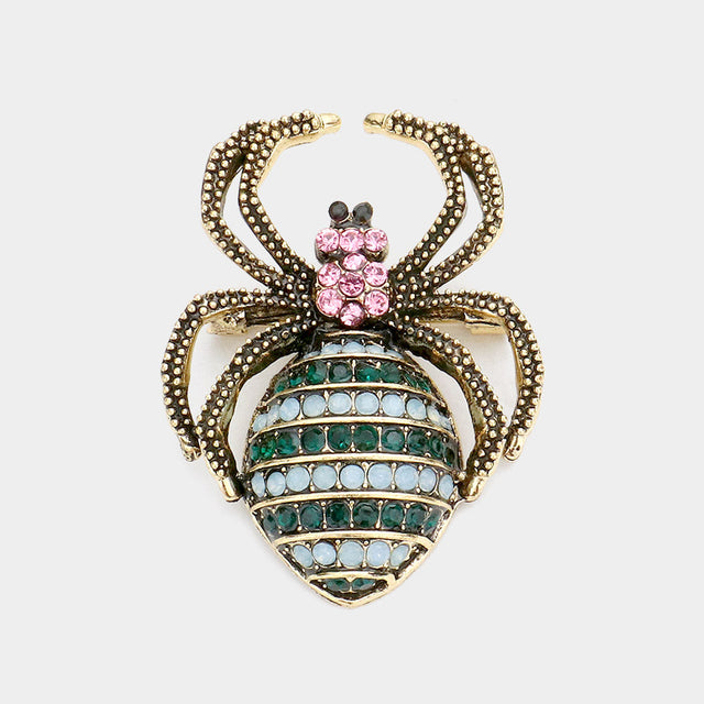 Emerald Stone Embellished Spider Pin Brooch