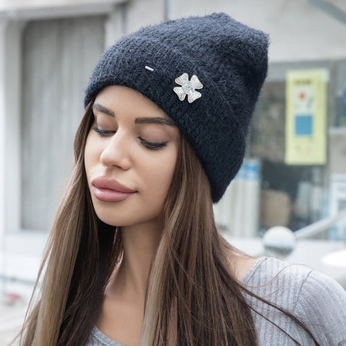 Stone Paved Clover Lapel Pin Brooch Accented Fuzzy Beanie Hat - Black