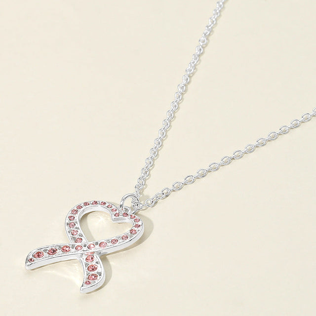 Pink, Silver Stone Paved Heart Pink Ribbon Pendant Necklace