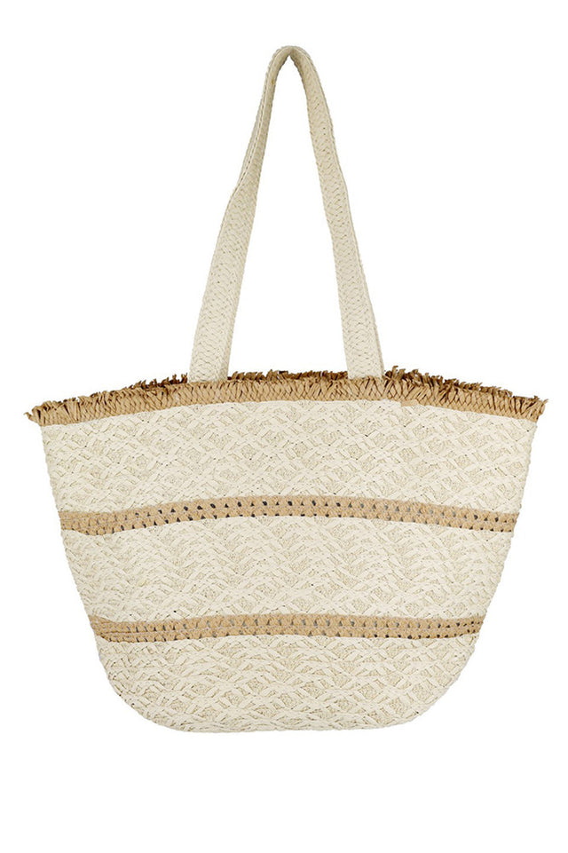 Beige Stripe Detail Frayed Straw Bag combines artisanal craftsmanship with contemporary design. Featuring a natural straw weave accented by bold stripe detailing and subtle frayed edges, this bag offers a refined yet relaxed aesthetic. Its roomy interior accommodates daily essentials, making it an ideal accessory for both casual outings and stylish errands. Durable and lightweight, it provides practical elegance for the modern wardrobe. 