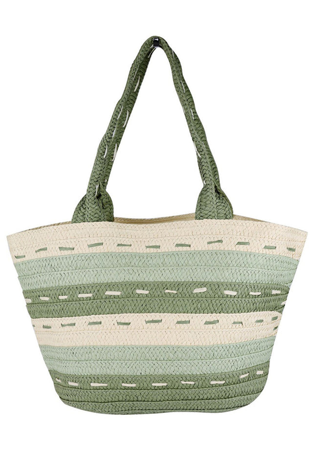 Olive Striped Pattern Dotted Line Detail Straw Bag combines meticulous craftsmanship with timeless design. Featuring a distinctive striped motif accented by precise dotted lines, this lightweight yet durable bag offers both aesthetic appeal and practical functionality. Ideal for elevating casual and resort wear, it provides ample space while maintaining a refined silhouette. 