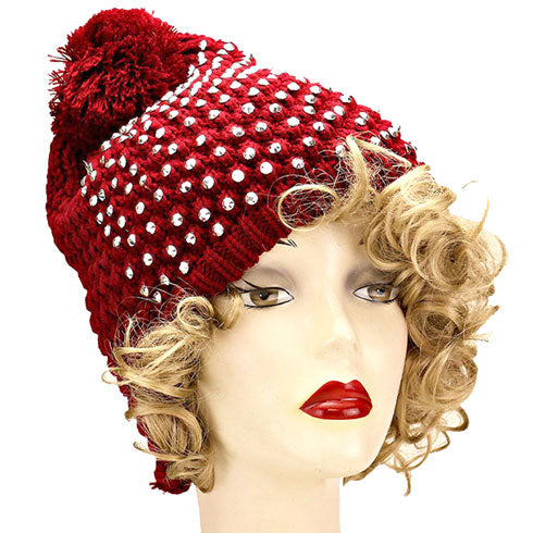 Studded Pom Beanie Hats - Burgundy Silver