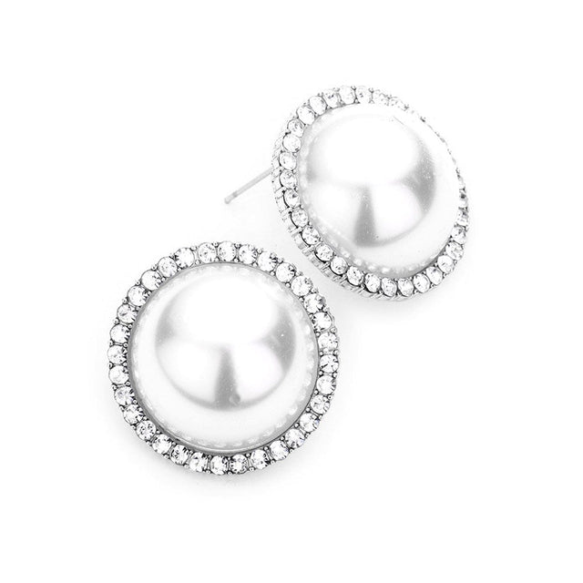 Classic Elegant Crystal Pave Trimmed Pearl Stud Earrings Special Occasion, elegance becomes you in these lustrous studs, luminous faux pearls and sparkling pav√© rhinestones adding just the right amount of shine, a look that‚Äôs polished to perfection. Rhodium, Gold, Gray; Weddings, Prom, Sweet 16, Quinceanera, Graduation