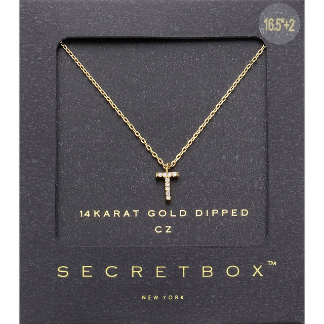 ~T~, Gold -T- Secret Box _ 14K Gold Dipped CZ Initial Monogram Pendant Necklace