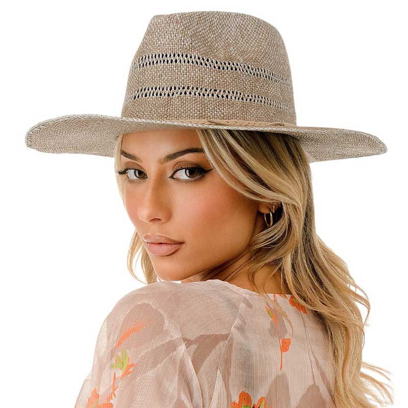 Taupe Braided Trim Woven Straw Fedora Hat, Crafted with a woven straw material and a stylish braided trim, this fedora hat is the perfect accessory for any sunny day. The braided trim adds a touch of elegance and the straw material provides breathability, making it both fashionable and functional. It Protects from the sun.