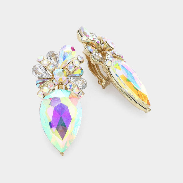 AB, Gold Teardrop Crystal Rhinestone Clip On Earrings