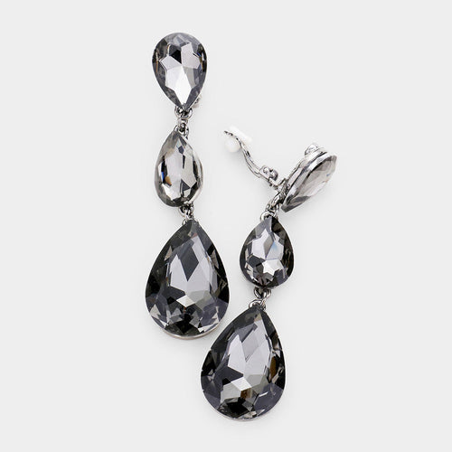 Women's Teardrop Glass Crystal Drop Evening Clip On Dangle Earrings - Black Diamond