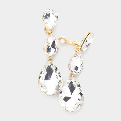 Women's Teardrop Glass Crystal Drop Evening Clip On Dangle Earrings - Gold