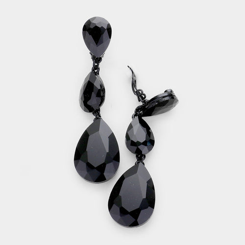 Women's Teardrop Glass Crystal Drop Evening Clip On Dangle Earrings - Jet Black