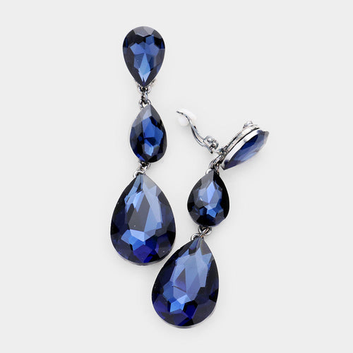 Women's Teardrop Glass Crystal Drop Evening Clip On Dangle Earrings - Montana Blue