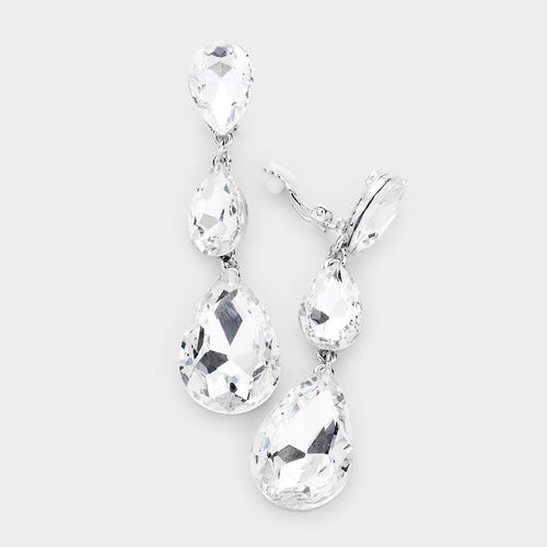 Women's Teardrop Glass Crystal Drop Evening Clip On Dangle Earrings - Silver