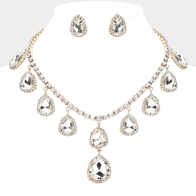 Clear, Gold Teardrop Glass Stone Cluster Station Evening Necklace