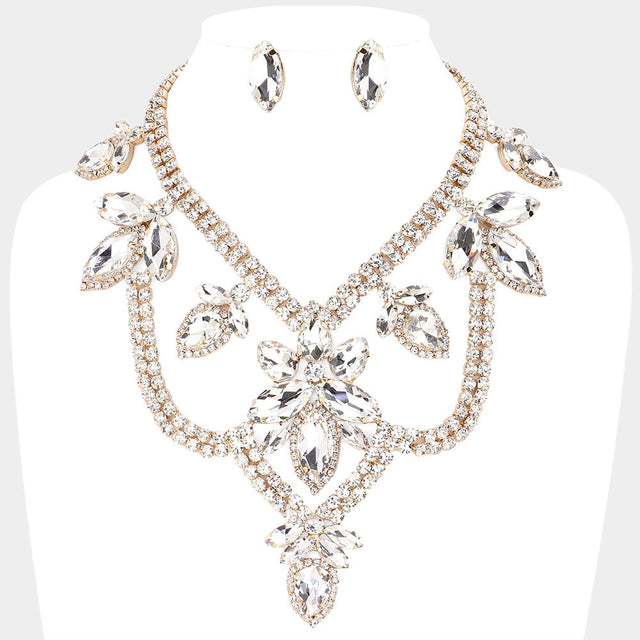Gold Teardrop Marquise Stone Accented Draped Evening Necklace