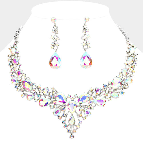 Teardrop Round Stone Cluster Evening Necklace - AB, Rhodium