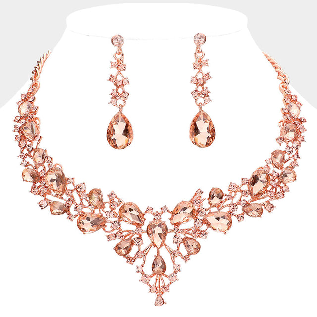 Peach, Rose Gold Teardrop Round Stone Cluster Evening Necklace