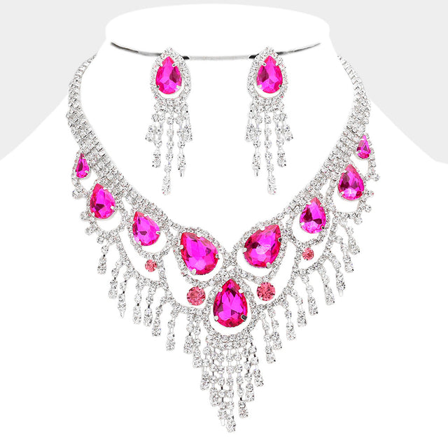 Fuchsia Teardrop Stone Accented Fringe Evening Necklace