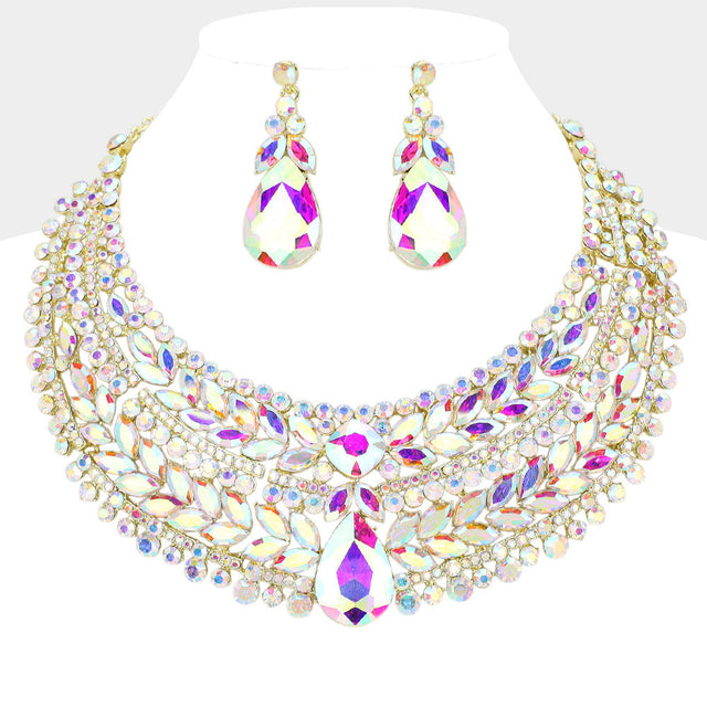 AB, Gold Teardrop Stone Accented Marquise Round Stone Embellished Chunky Collar Evening Necklace