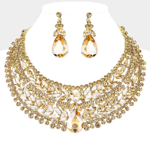 Teardrop Stone Accented Marquise Round Stone Embellished Chunky Collar Evening Necklace - Gold, Lt Col Topaz