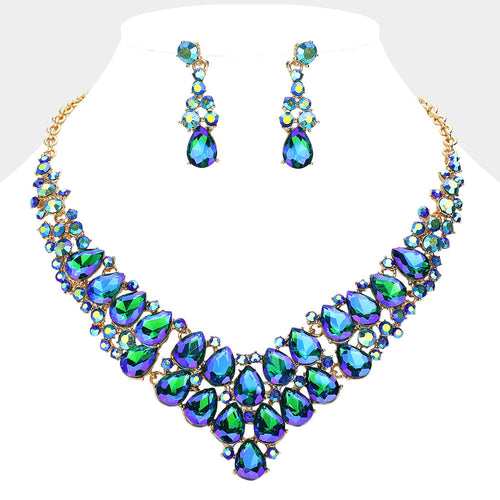 Collar de noche con lágrima de piedras en racimo - AB, Azul, Oro