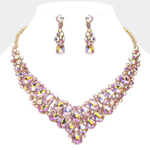 Collar de noche con lágrima de piedras en racimo - AB, Oro, Melocotón