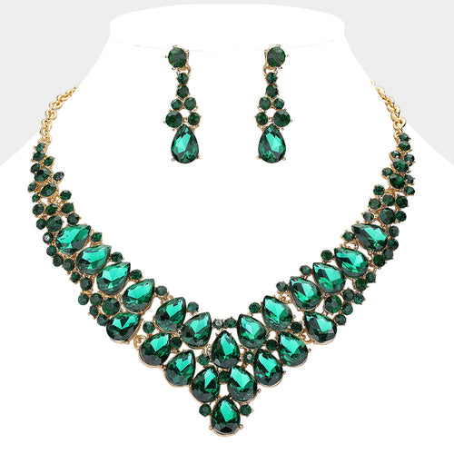 Collar de noche con lágrima de piedras en racimo - Oro, verde