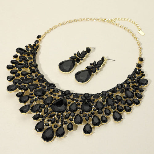 Teardrop Stone Cluster Embellished Statement Evening Necklace - Black, Gold