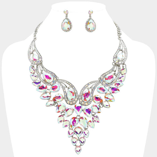 Teardrop Stone Cluster Evening Bib Necklace - AB, Silver