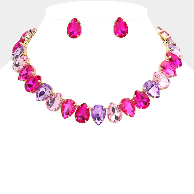 Gold, Pink Teardrop Stone Cluster Link Evening Necklace