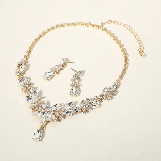 Clear, Gold Teardrop Stone Cluster Pointed Marquise Stone Cluster Embellished Evening Necklace