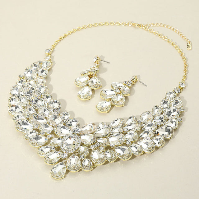 Clear, Gold Teardrop Stone Cluster Statement Evening Necklace