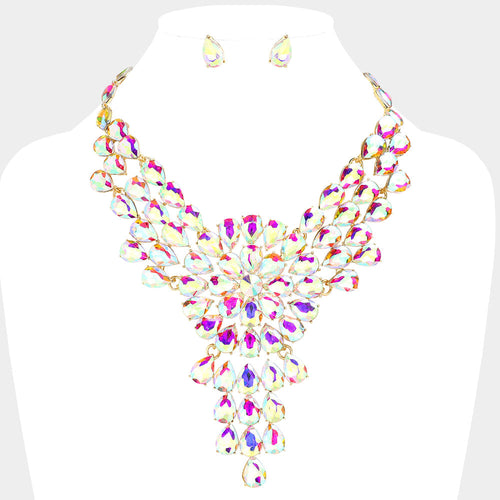 Teardrop Stone Cluster Vine Evening Necklace - AB, Gold