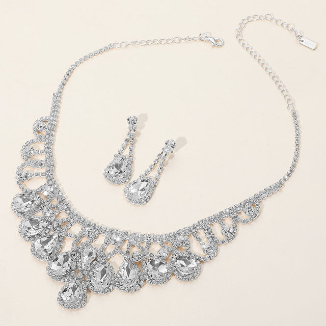 Clear, Silver Teardrop Stone Embellished Rhinestone Paved Collar Necklace