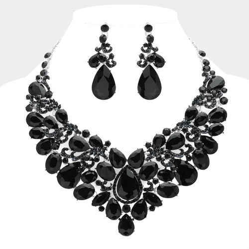 Collar de noche llamativo con piedras en forma de lágrima - Negro, Plata