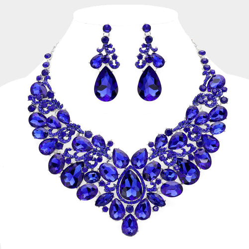 Collar de noche llamativo con piedras en forma de lágrima - Zafiro, Plata