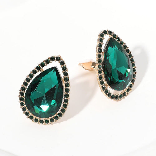 Teardrop Stone Evening Clip On Earrings - Emerald, Gold